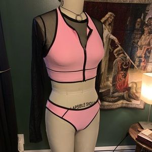Sexy Baby Pink 3 Pc. Swimsuit Forever 21 EUC Includes Black Mesh Long Sleeve Top
